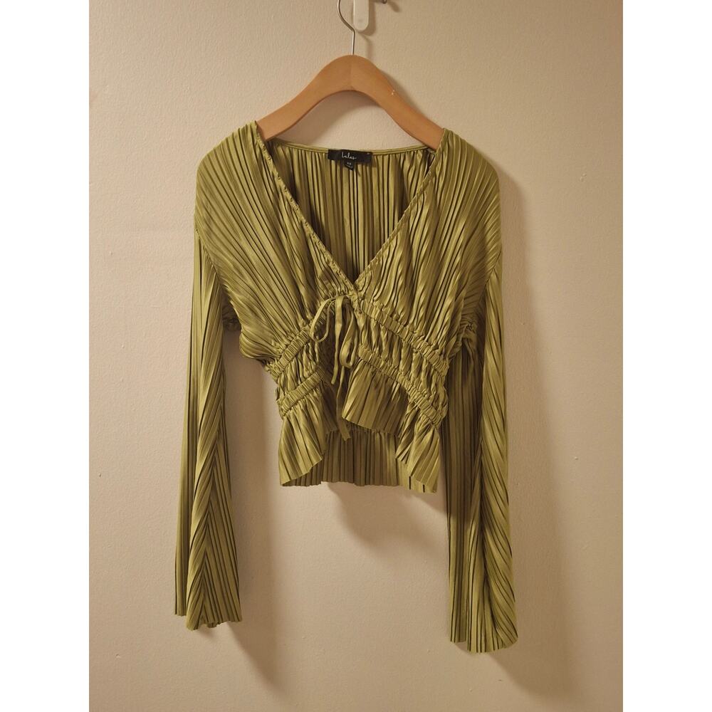 Lulus Olive green Pleated Tie-Front Long Sleeve Crop Top Sz XS